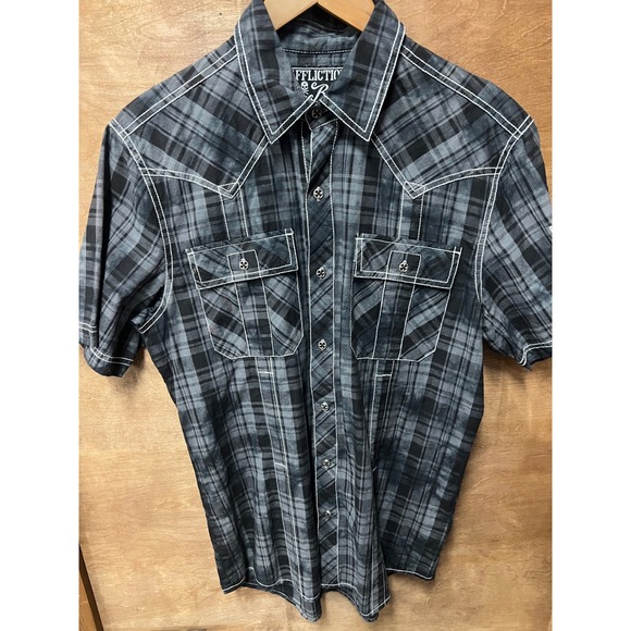 Affliction Black Premium Buckle Shirt Mens Medium Grey Plaid Embroidered Eagle - Picture 2 of 5